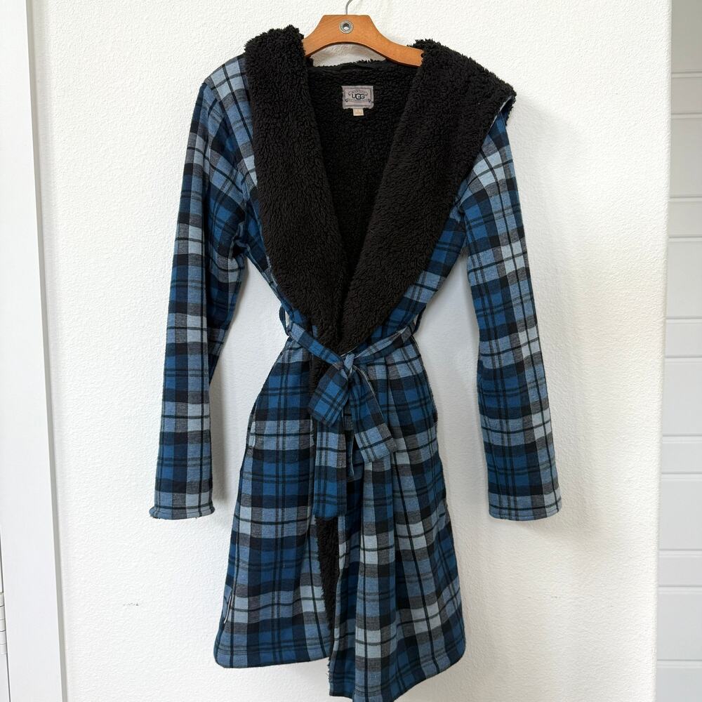 UGG Australia Plaid Sherpa-Lined Hooded Robe Blue Black Size L Cottagecore Hygge